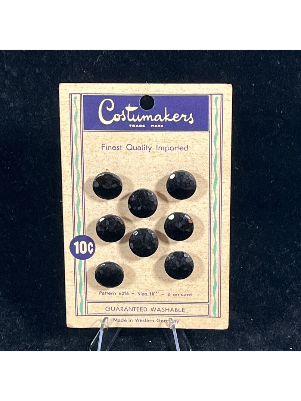 Vintage Costumakers Black Buttons Card - 8 Buttons Size 18"